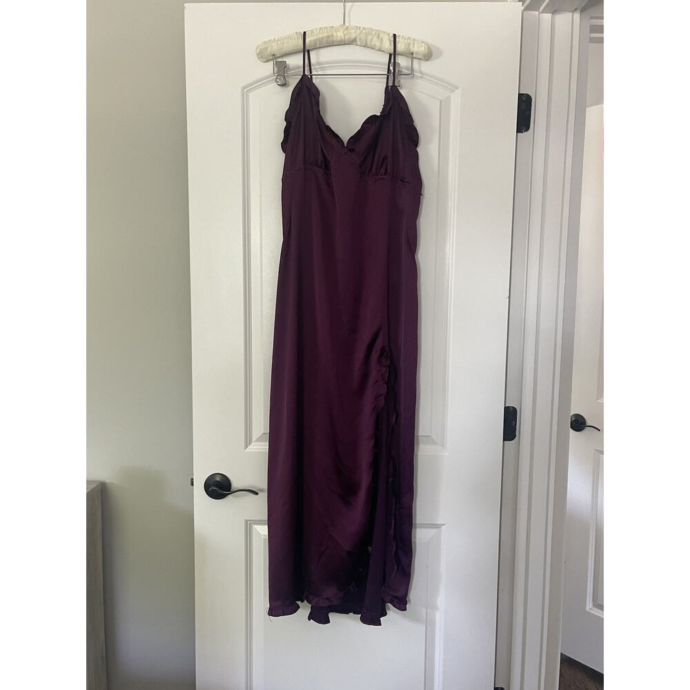 Whimsigoth Satin Slip Maxi Dress Deep Purple Ruffled Side Slit Witchy Evening M - Picture 5 of 15